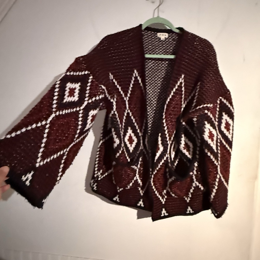 POL Small Burgundy Jam Southwest Aztec Cardigan Sweater Boho Wide Sleeve